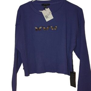 Forever 21 Blue Knitted Long Sleeve Crop Top With Butterflies Patch Size L